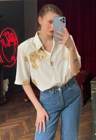 WHITE FLORAL BUTTON UP SHIRT, SHORT SLEEVE BLOUSE