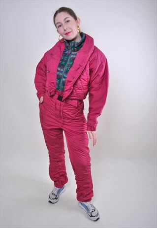 VINTAGE RED ONE PIECE SKI SUIT, FLEECE FRONT WOMAN SNOWSUIT