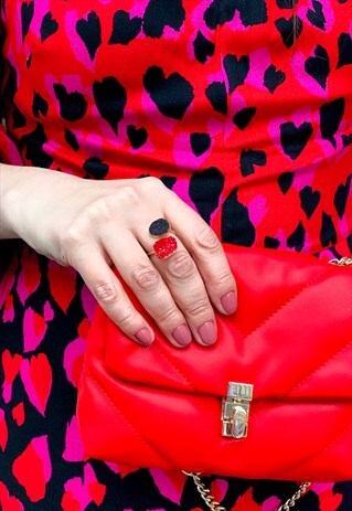 RED BLACK SEMI PRECIOUS ADJUSTABLE GOLD RING