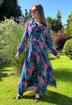 70's Vera Mont Blue Ruffle Floral Maxi Long Sleeve Dress