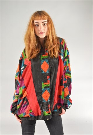VINTAGE BLACK & RED MULTICOLOURED PATTERNED BOMBER JACKET