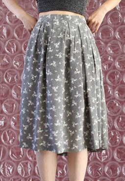 Vintage Skirt Black White Color Floral Pattern M B208