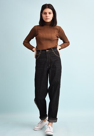 80'S RETRO HIGH WAIST TRIMMED DENIM JEANS