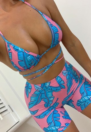 TRIANGLE & SHORTS CO-ORD IN PINK TROPIC PRINT