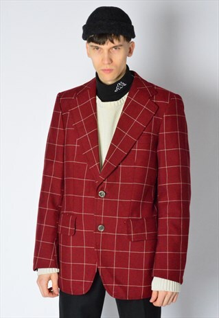 VINTAGE 70S BURGUNDY RED CHECK LINEN BLEND BLAZER