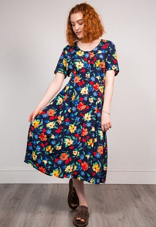 90'S VINTAGE BRIGHT MULTICOLOUR FLORAL PATTERN MIDI DRESS