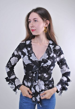 BLACK FLOWERS VINTAGE WOMAN RUFFLED BLOUSE