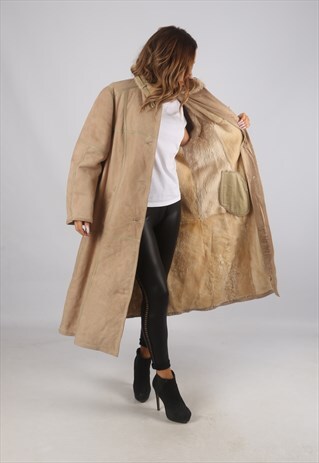 VINTAGE SHEEPSKIN SUEDE SHEARLING COAT LONG UK 16 XL (C9AD)