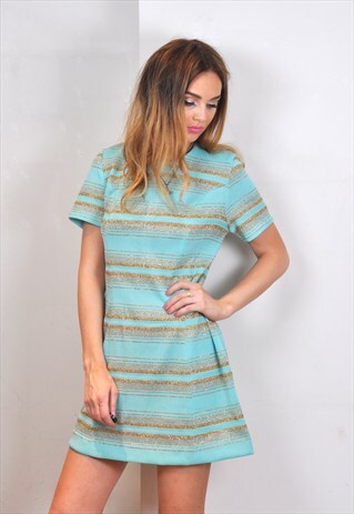 VINTAGE 1960S TURQUOISE & GOLD SPARKLY MINI DRESS