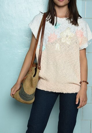 VINTAGE 80S ABSRACT PASTEL KNIT BLOUSE TOP MINIMALIST
