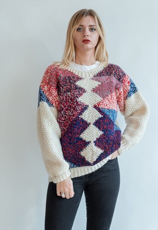 VINTAGE 80S HANDKNIT WOOL JUMPER WITH ABSTRACT PATTERN