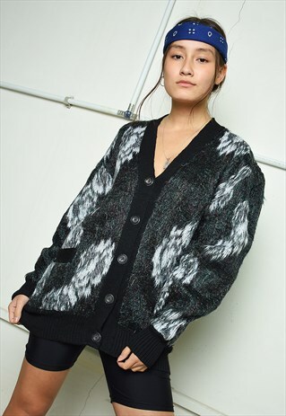 VINTAGE 80'S RETRO JAZZY FLUFFY KNIT OVERSIZED CARDIGAN