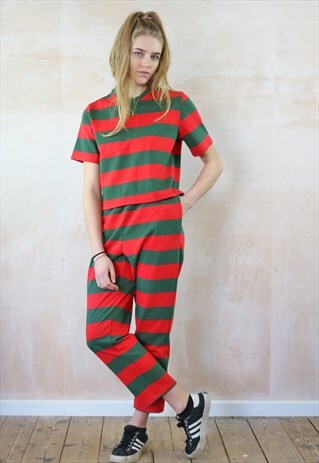 CROPP TROUSERS & BOX TOP CO-ORDINATES IN RED & GREEN STRIPE