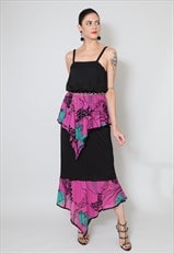 70's Vintage Black Slip Pink Floral Maxi Evening Dress