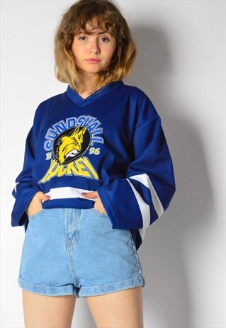VINTAGE 90S BLUE GRAPHIC SWEDEN HOCKEY JERSEY SHIRT PETITE