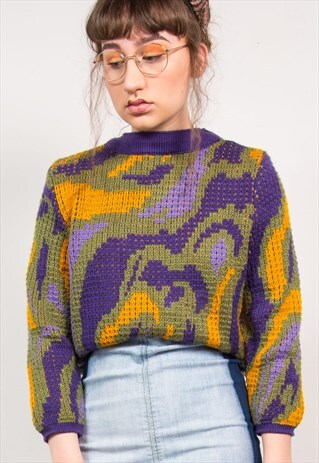 VINTAGE 90'S MULTICOLOUR PATTERN KNIT RIBBED JUMPER