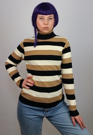 VINTAGE 90'S RIBBED KNIT STRIPED TURTLENECK JUMPER / SWEATER