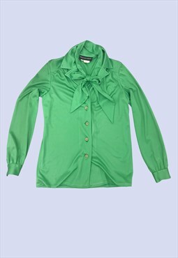 Vintage Green Pussybow Button Up Casual Shirt 