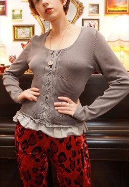 Vintage Y2K Ruffle Knit Top/Jumper with Corset Waist in Grey