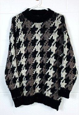 Vintage Patterned Knitted Jumper Black Grey Abstract Funky 