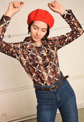 70'S RETRO MOD PRINT SHIRT PARIS CHIC BLOUSE TOP