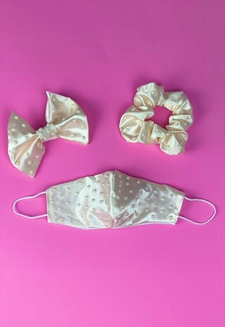 CREAM SATIN FAUX PEARL FACE COVERING SET & SCRUNCHIE OR BOW