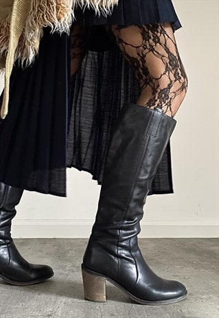 VINTAGE REAL LEATHER BLACK HIGH HEEL KNEE BOOTS