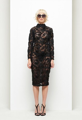 TEXTURED MESH DRESS BLACK