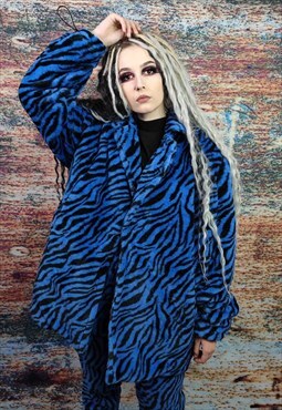 Zebra fleece coat handmade 2in1 stripe trench jacket in blue