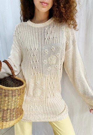 VINTAGE 80S LUXE BEADED LONGLINE CREAM JUMPER SWEATER