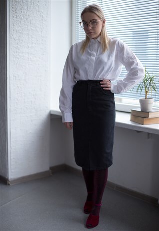 VINTAGE 90'S MIDI BLACK STRAIGHT HIGH WAIST DENIM SKIRT