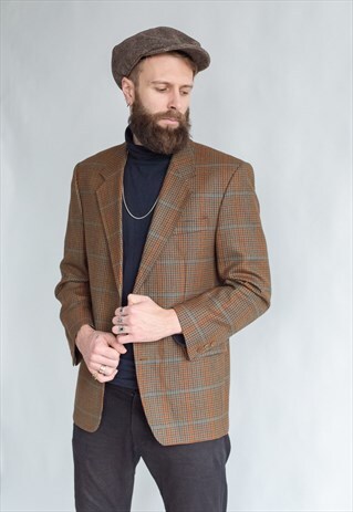VINTAGE 70S BOHO BLAZER JACKET IN CHECKERED BROWN