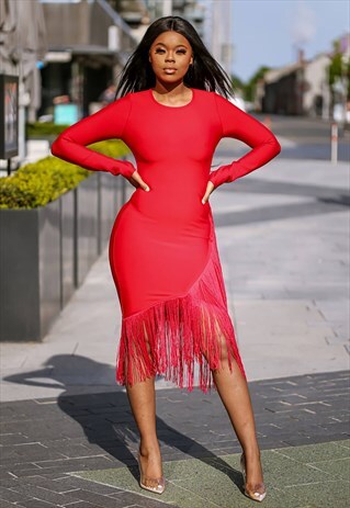 RED FRINGE BANDAGE DRESS