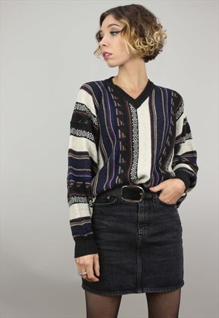 VINTAGE 80S 90S OVERSIZED PATTERNED KNIT JUMPER