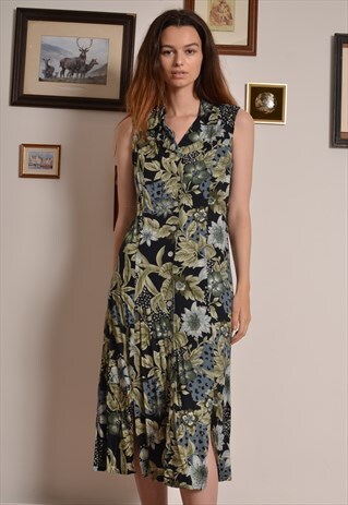 VINTAGE 80S FLORAL BUTTON MAXI DRESS IN GREEN