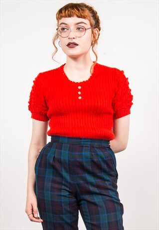 VINTAGE 70'S RED CROCHET RIBBED CUTE KNIT TOP