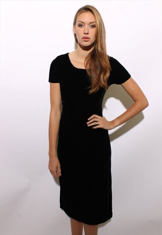 VINTAGE 1990'S 90'S BLACK VELOUR STRETCH VELVET DRESS M-L