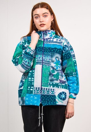 VINTAGE 90'S FLEECE JACKET GREEN & BLUE FLORAL PATTERN