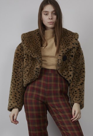 VINTAGE 80'S LEOPARD PRINT CROPPED FAUX FUR JACKET