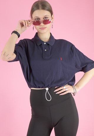 VINTAGE 90S REWORKED RALPH LAUREN CROP TOP POLO SHIRT BLUE