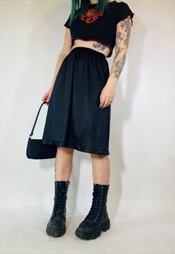 Vintage 90s 00s Y2K Grunge Satin Black Lace Midi Skirt