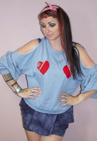 SKY BLUE HEART PATCH APPLIQUE COLD SHOULDER TOP JUMPER M