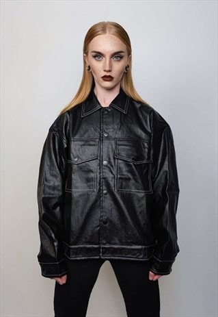 Faux leather biker jacket button up 80s PU aviator bomber 