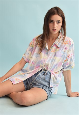 90'S RETRO FESTIVAL FLORAL PRINT PASTEL OVERSIZED BLOUSE TOP
