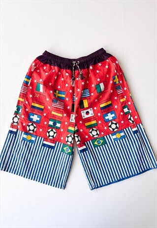 VINTAGE 80S MIDI FLAT PATTERN MULTI COLOR BEACH SHORTS XS