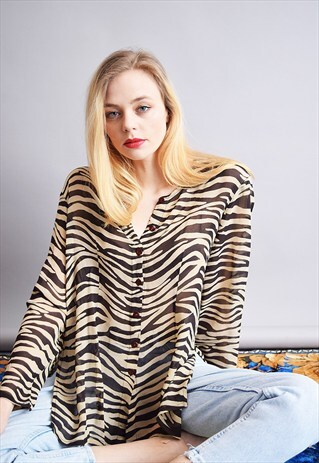 90'S RETRO BOHO ZEBRA PATTERN SHEER OVERSIZED SHIRT