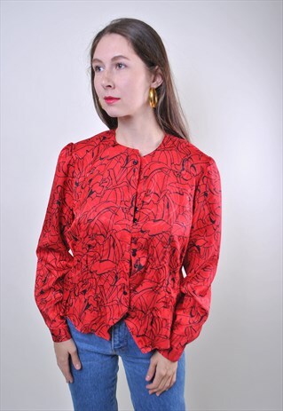 VINTAGE RED ROSES PRINT WOMEN FLORAL EVENING BLOUSE, SIZE M