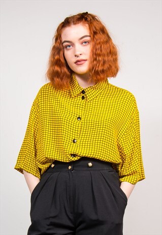90'S VINTAGE YELLOW GRID CHECK BLOUSE SHIRT