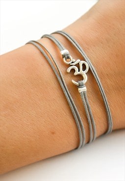Silver Om wrap bracelet grey cord personalised gift for her