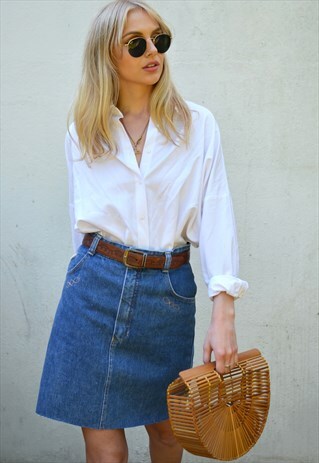 VINTAGE 90S DARK BLUE DENIM HIGH WAISTED MINI SKIRT